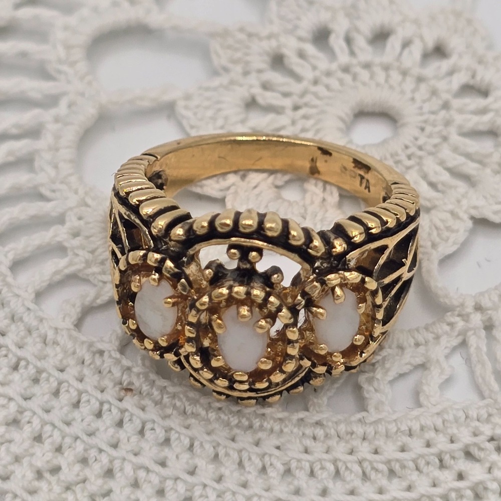 Vintage SETA Ring Faux Opal Gold Electroplated Filigree 3 Stone Cabochon Size 8